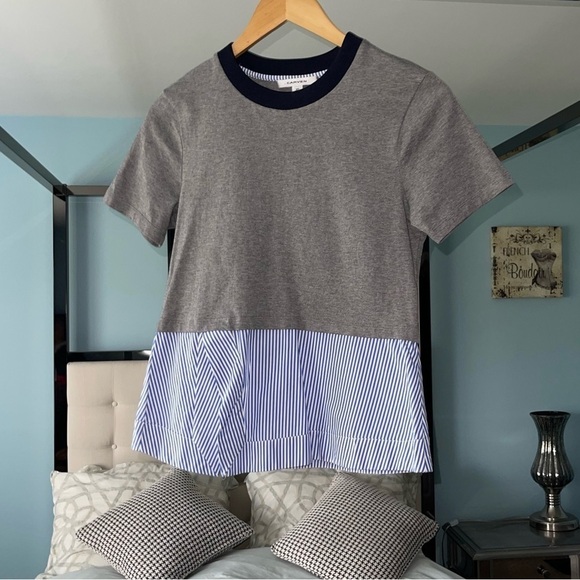 Carven Grey T-shirt Blouse Two In One with Pinstripe Flared Hem Dressy Casual XS - Picture 5 of 8